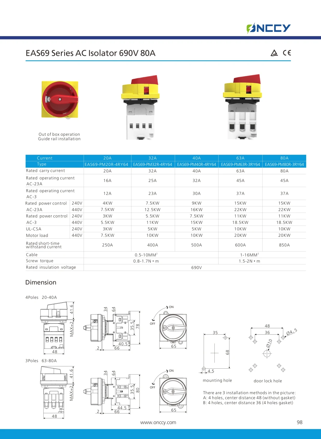 Onccy Simultaneous Operation AC Isolator DIN-Rail Installation 20A 32A 40A