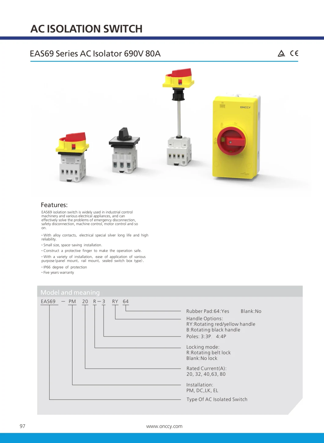 Onccy Simultaneous Operation AC Isolator DIN-Rail Installation 20A 32A 40A